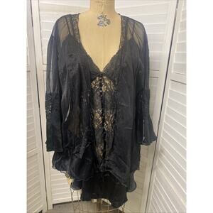 90s Y2K Escante Black Lace Mesh Sheer Lingerie 3 Pc Set Chemise Robe Panties 3X